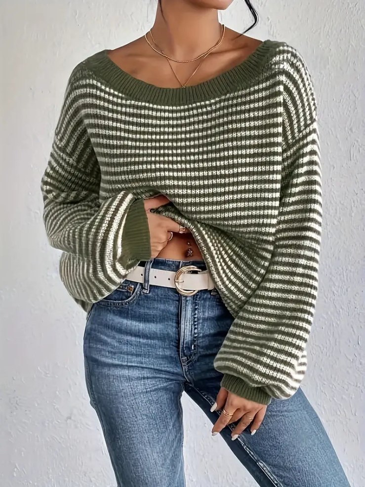 Olive green - knitted sweater with dropped shoulders