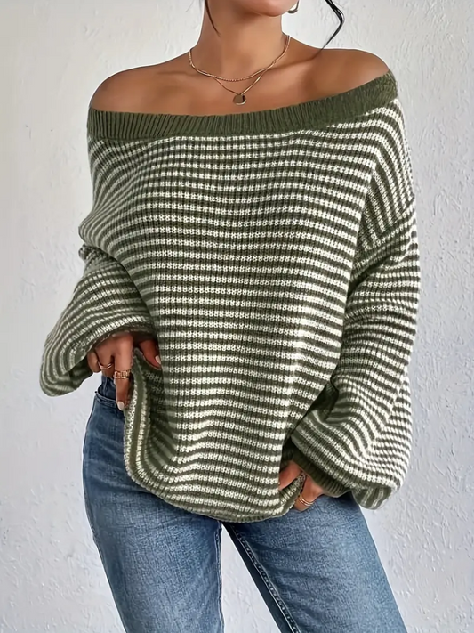 Olive green - knitted sweater with dropped shoulders