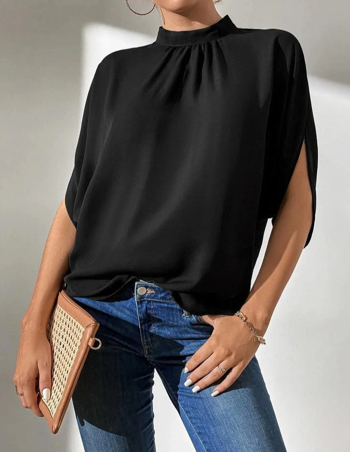SpringStyle - black solid color top with short sleeves
