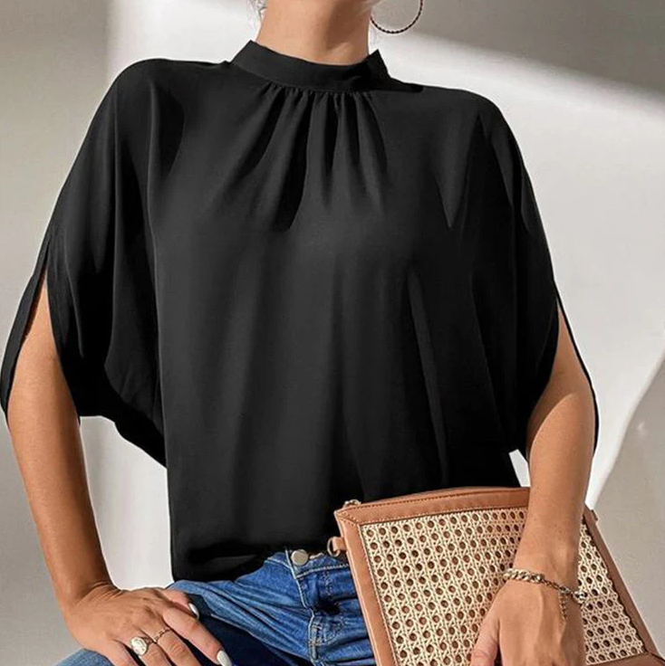 SpringStyle - black solid color top with short sleeves