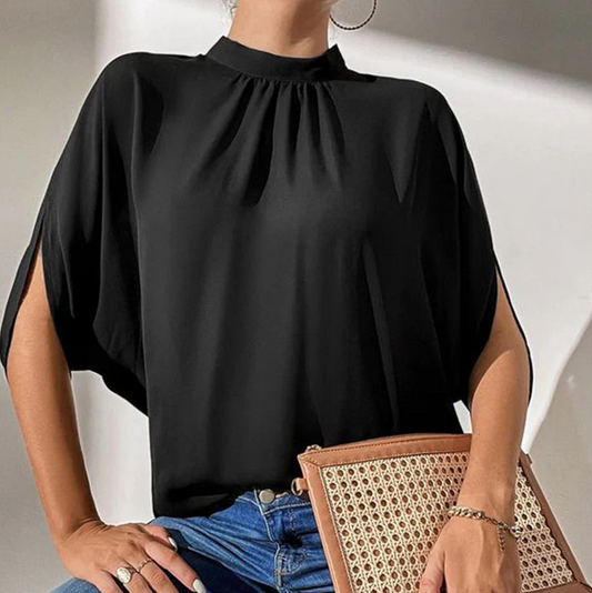 SpringStyle - black solid color top with short sleeves
