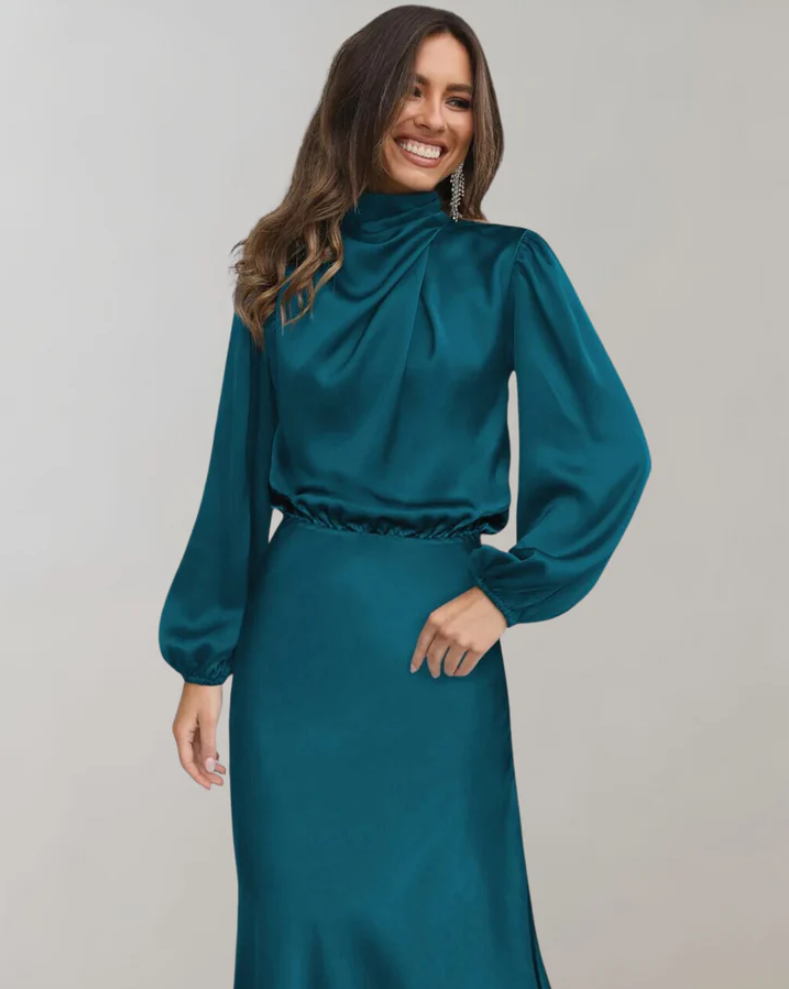Berit | elegant satin dress with puff sleeves