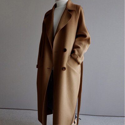 Elegant long woolen women's coat - timeless and warm