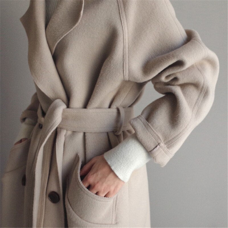Elegant long woolen women's coat - timeless and warm