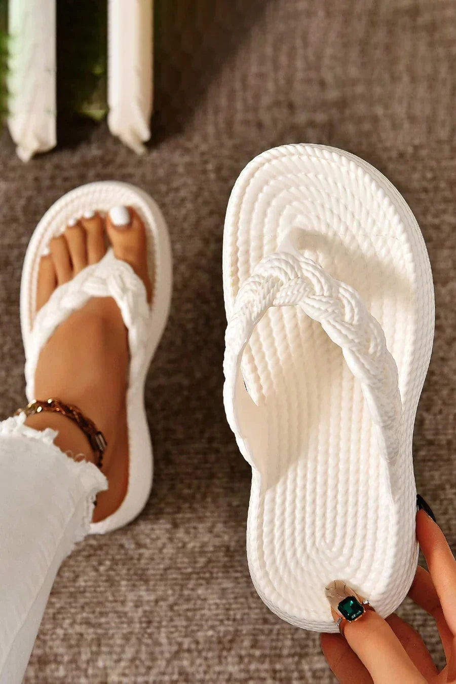 White braided slippers with thick sole for women