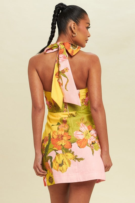 Waitlist 7/31 ♥ jules halter tie cut out  floral print mini dress green