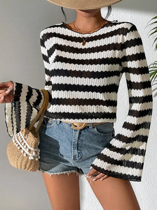 Dana - elegant striped t-shirt with neckline and bell sleeves for women