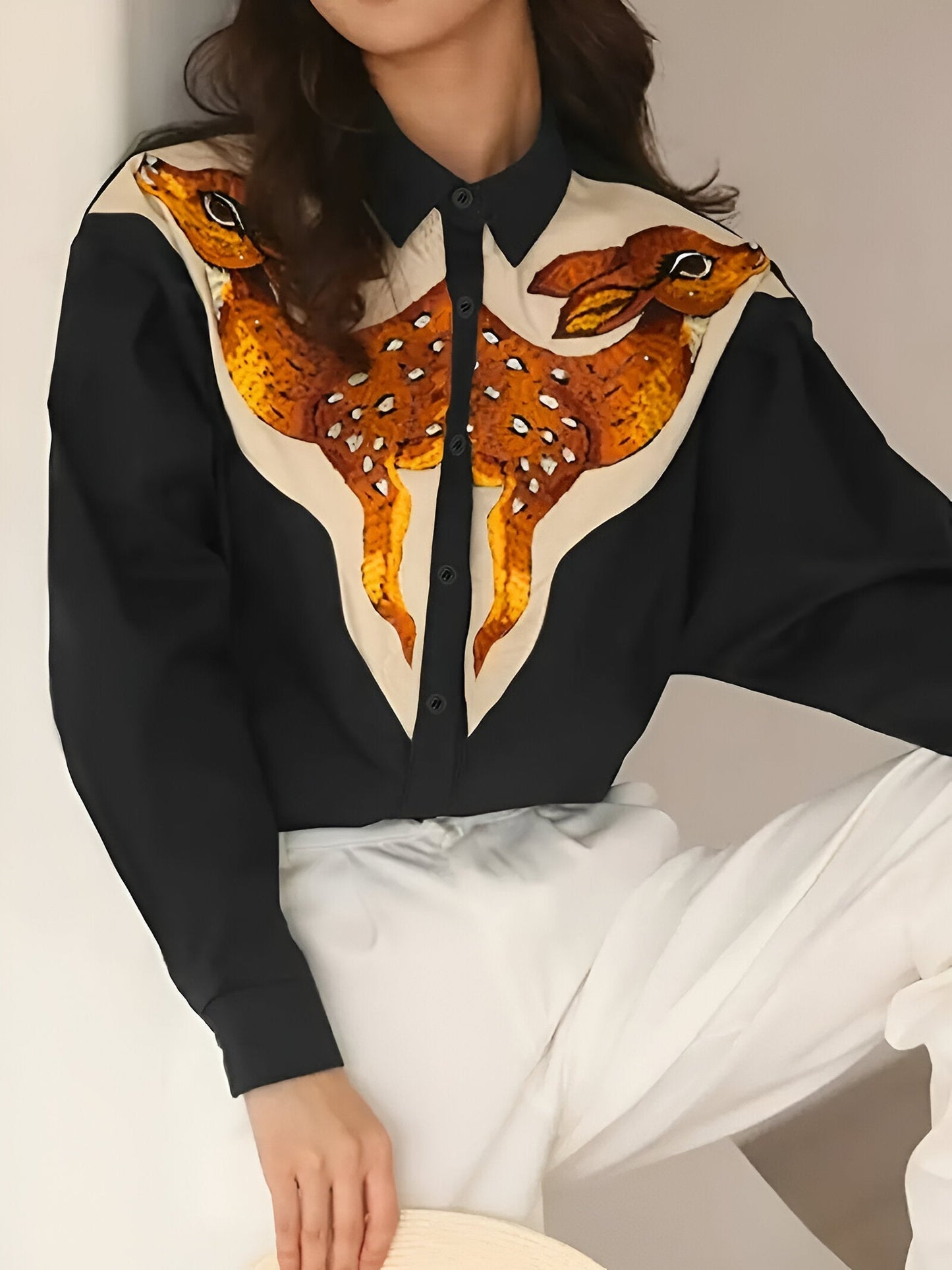 Mathildis | elegant top with digital print of sika deer