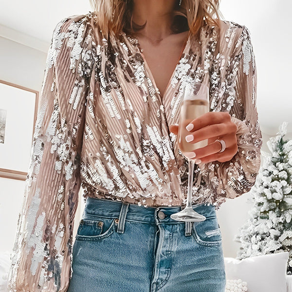 Olivia – festive pleated blouse with sequins and v-neck