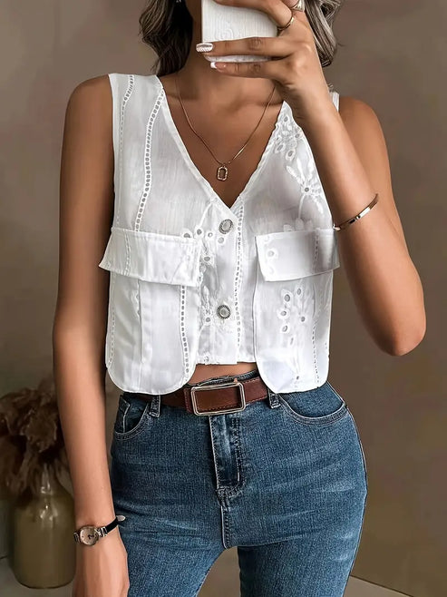 Brina | chic summer cardigan with floral eyelets and sleeveless V-neck