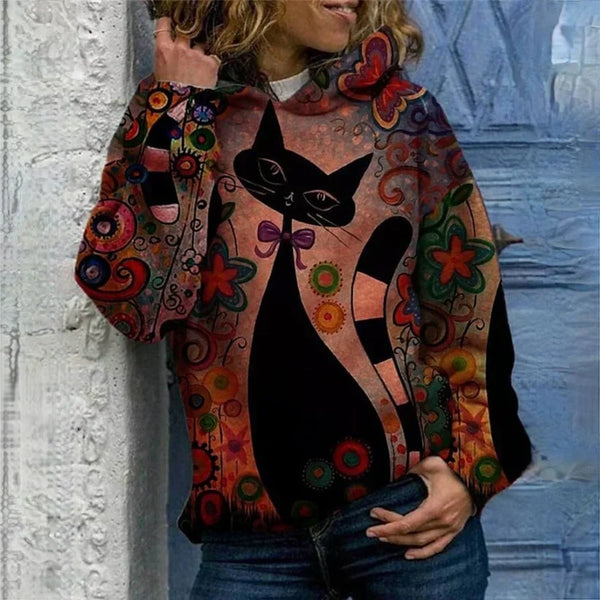 Astrid - elegant women's hoodie with cat print