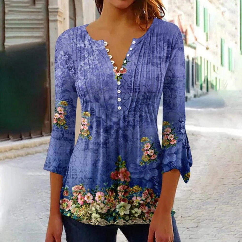 Mabel - women's v-neck t-shirt with button closure