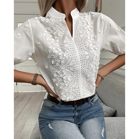 Hollow out v-neck lace blouse for women