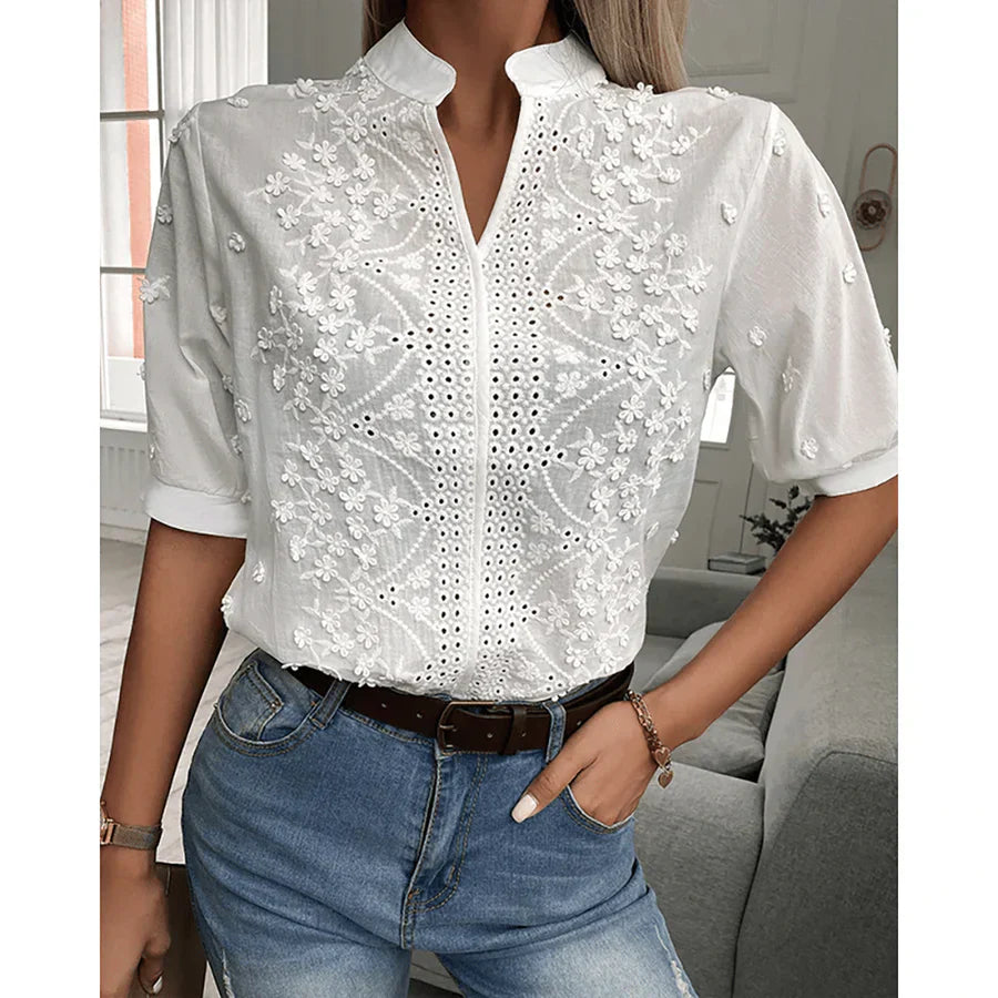 Hollow out v-neck lace blouse for women