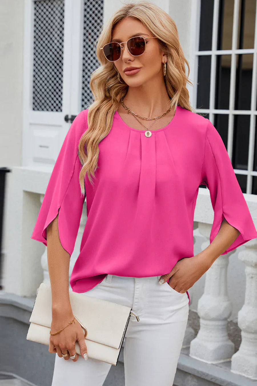 Sophisticated blouse with pleats and floral sleeves for women
