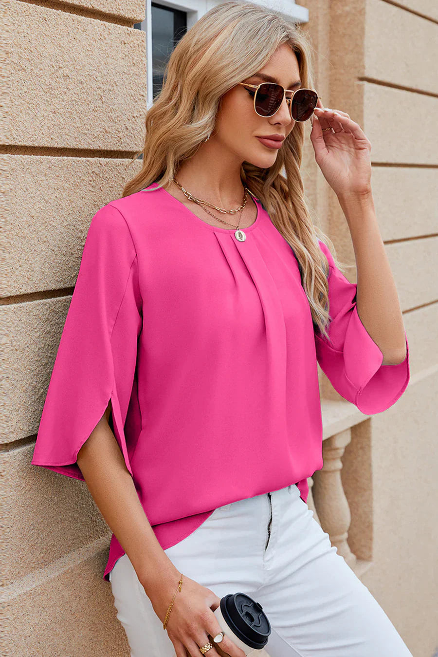 Sophisticated blouse with pleats and floral sleeves for women