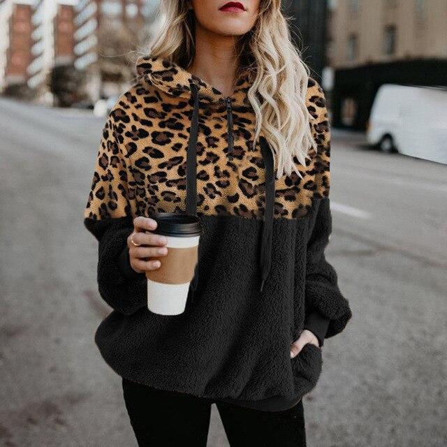 Teddy pullover - extremely warm and cozy hoodie with stylish leopard pattern for spring